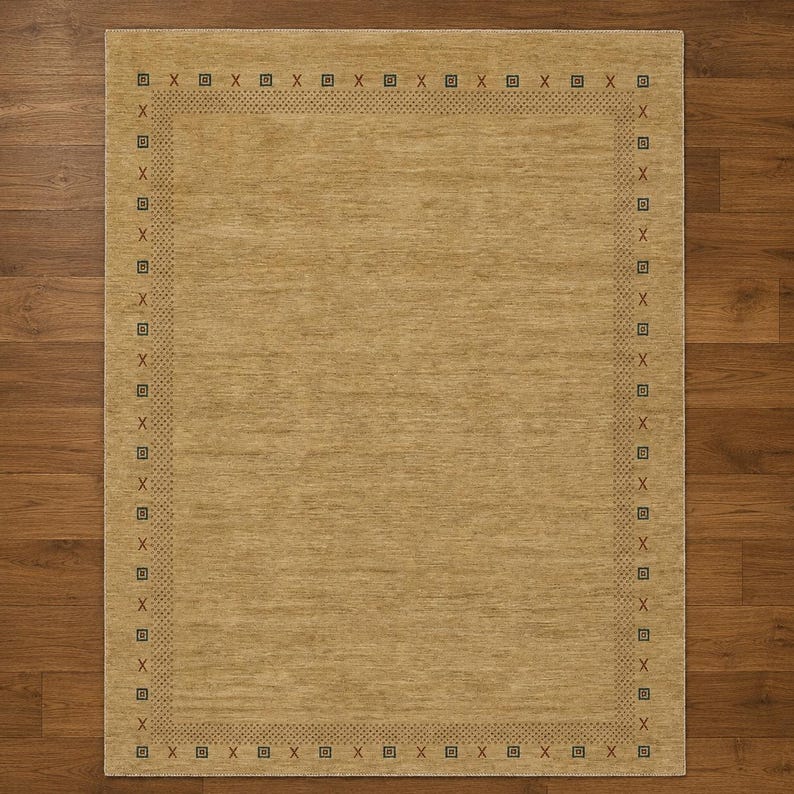 Modern Hand-Knotted Gabbeh Rug with Minimalist Geometric Border