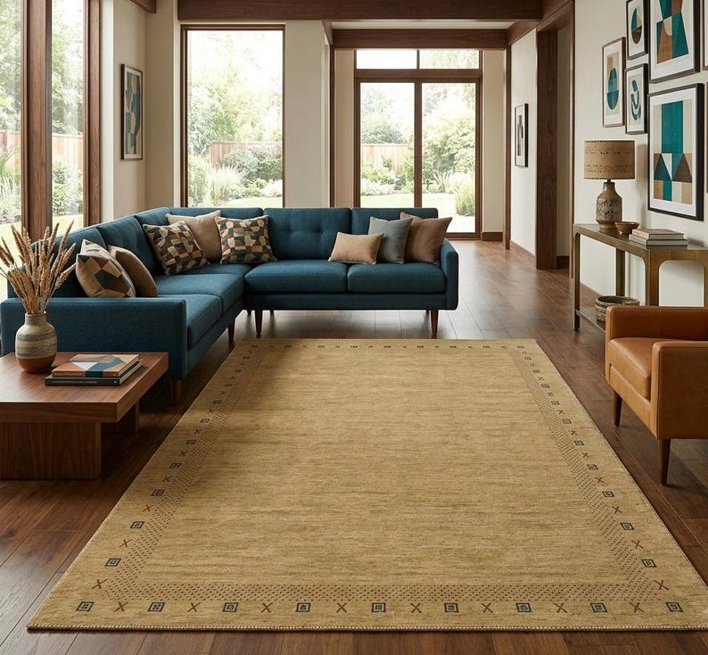 Modern Hand-Knotted Gabbeh Rug with Minimalist Geometric Border