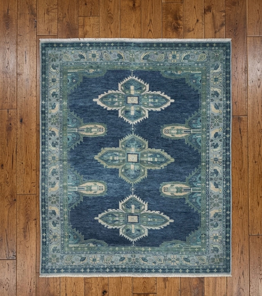 Artisanal Slate Blue Tribal Hand-Knotted Area Rug