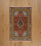 Hand-Knotted Geometric Tribal Gabbeh Rug in Rust and Ochre