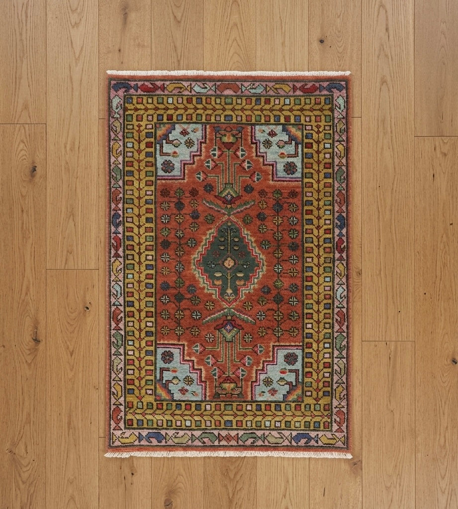 Hand-Knotted Geometric Tribal Gabbeh Rug in Rust and Ochre