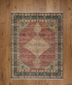 Hand-Knotted Diamond Motif Area Rug - Muted Terracotta and Slate Grey