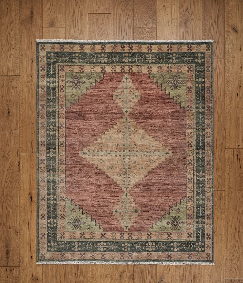 Hand-Knotted Diamond Motif Area Rug - Muted Terracotta and Slate Grey