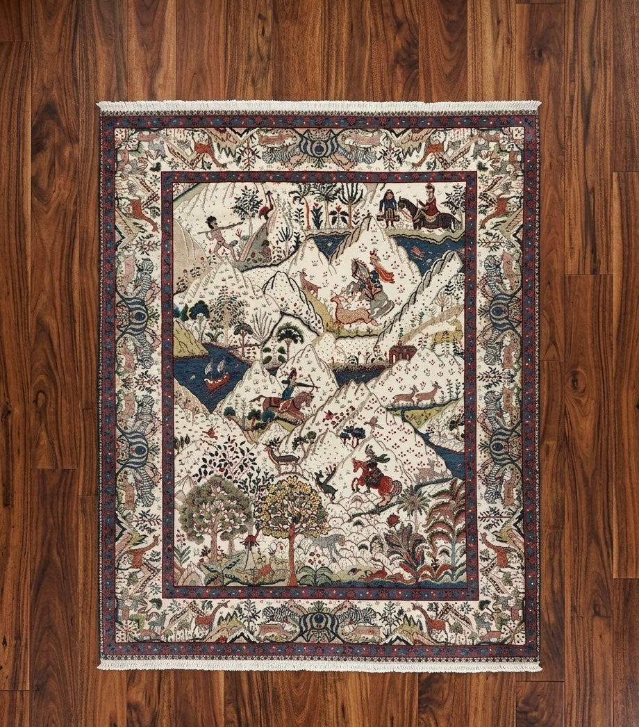 Ivory & Indigo Pictorial Persian Hunting Handknotted Rug