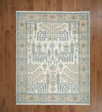 Elegant Symmetry Motif Hand-Knotted Rug – Ivory, Olive, and Sky Blue