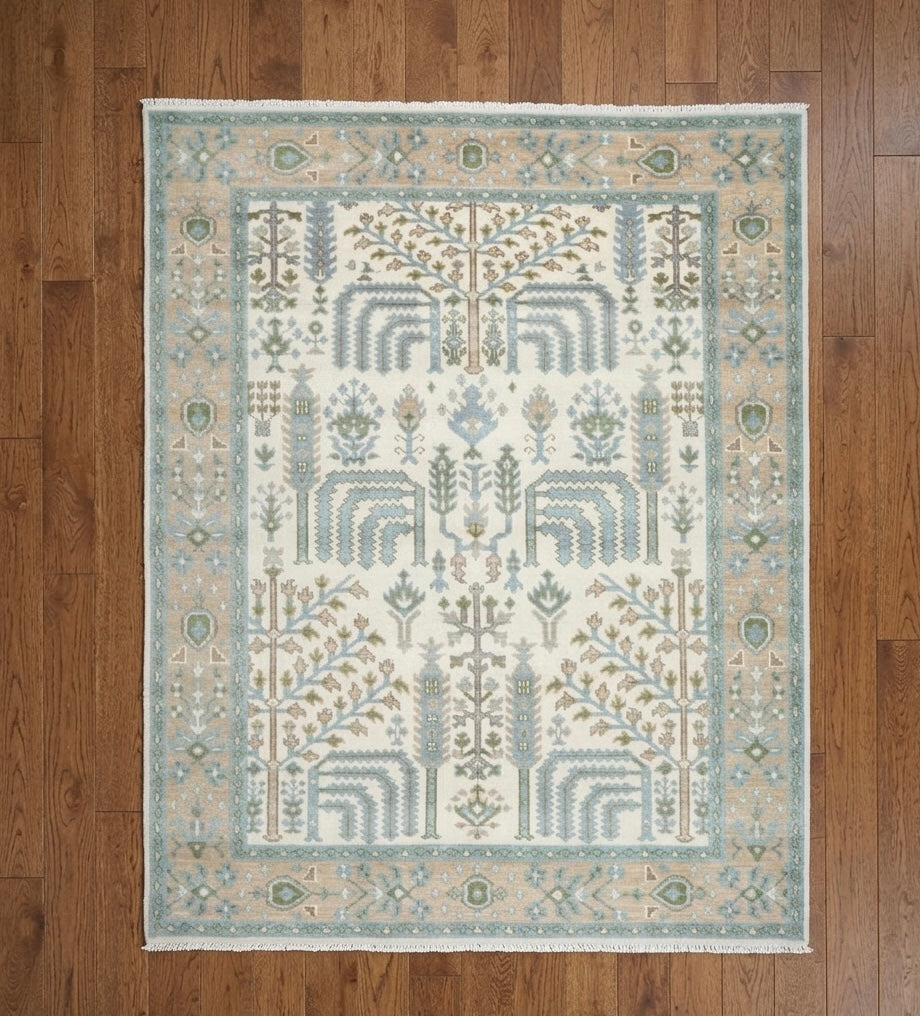 Elegant Symmetry Motif Hand-Knotted Rug – Ivory, Olive, and Sky Blue