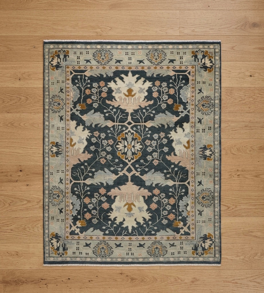 Vintage-Inspired Tribal Hand-Knotted Rug in Charcoal &  Sage blue
