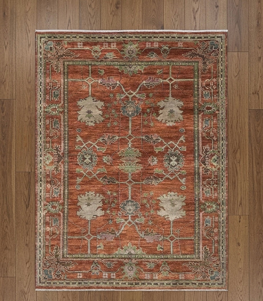 Antique Rust Hand-Knotted Oushak Rug with Sage and Muted Gray Accents