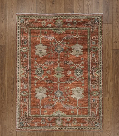Antique Rust Hand-Knotted Oushak Rug with Sage and Muted Gray Accents