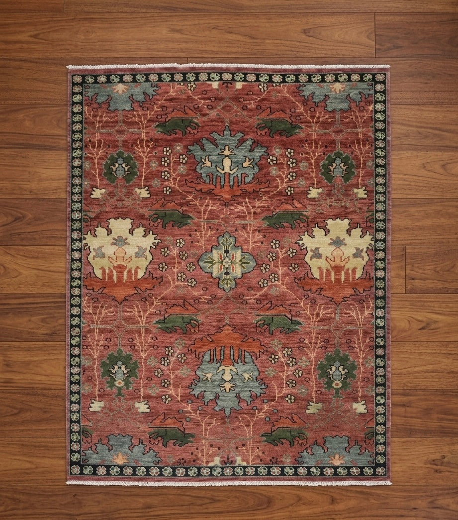 Antique Rust Floral Medallion Hand-Knotted Rug