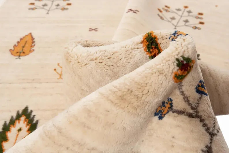 Hand-Knotted Gabbeh Rug with Minimalist Tribal Tree & Leaf Motifs