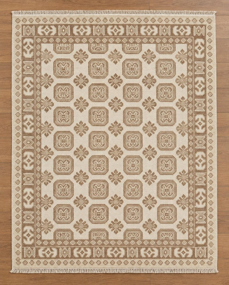 Soft Pink & Mauve Geometric Tree Pattern Rug - Hand-Knotted
