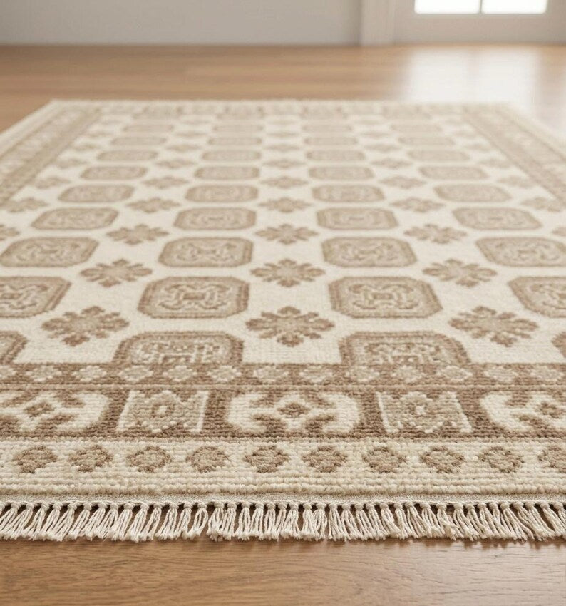 Soft Pink & Mauve Geometric Tree Pattern Rug - Hand-Knotted