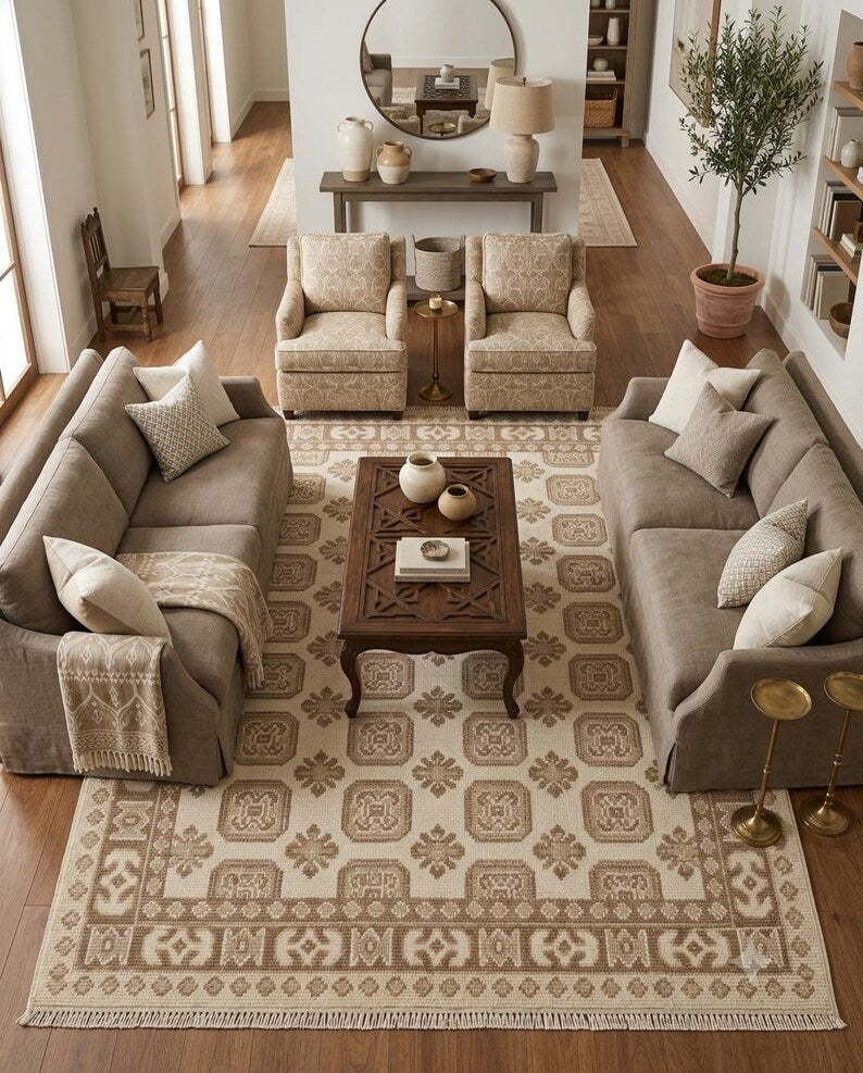 Soft Pink & Mauve Geometric Tree Pattern Rug - Hand-Knotted