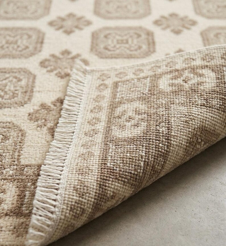 Soft Pink & Mauve Geometric Tree Pattern Rug - Hand-Knotted