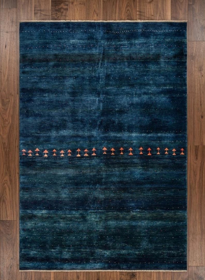 Hand-Knotted Indigo Gabbeh Rug with Tribal Geometric Accents