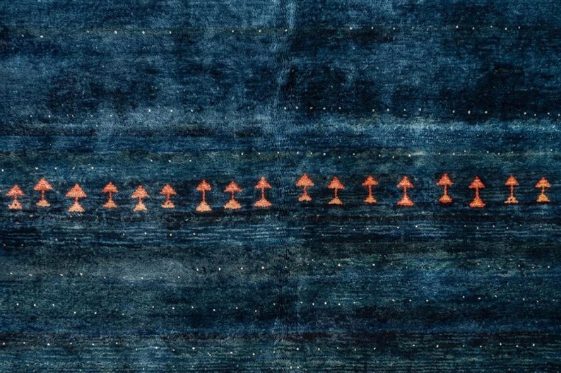 Hand-Knotted Indigo Gabbeh Rug with Tribal Geometric Accents