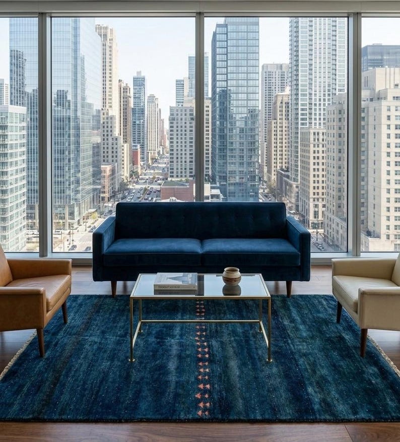 Hand-Knotted Indigo Gabbeh Rug with Tribal Geometric Accents