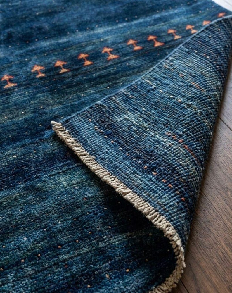 Hand-Knotted Indigo Gabbeh Rug with Tribal Geometric Accents