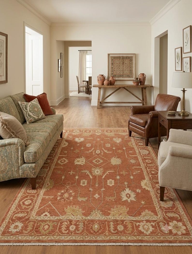 Modern Hand-Knotted Solid Border Rug with Tassels - Sage & Olive Green