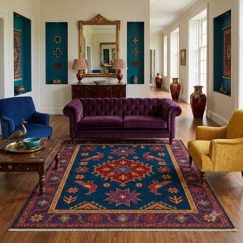 Ivory & Indigo Pictorial Persian Hunting Handknotted Rug