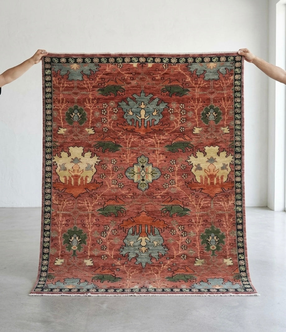 Antique Rust Floral Medallion Hand-Knotted Rug
