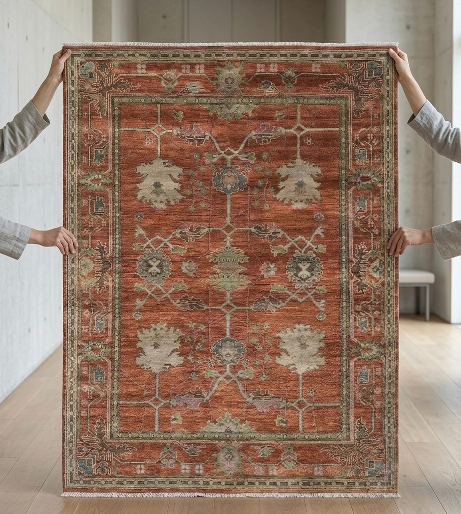 Antique Rust Hand-Knotted Oushak Rug with Sage and Muted Gray Accents