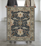 Vintage-Inspired Tribal Hand-Knotted Rug in Charcoal &  Sage blue