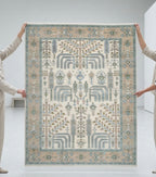 Elegant Symmetry Motif Hand-Knotted Rug – Ivory, Olive, and Sky Blue