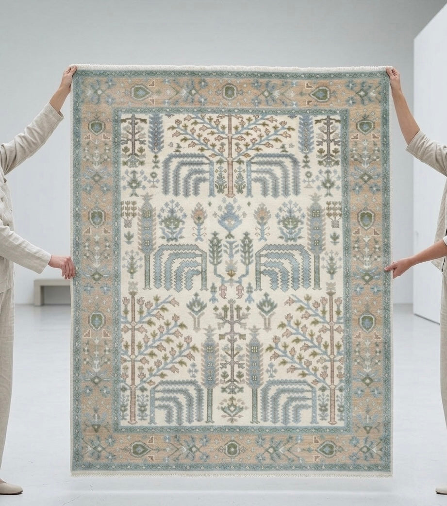 Elegant Symmetry Motif Hand-Knotted Rug – Ivory, Olive, and Sky Blue