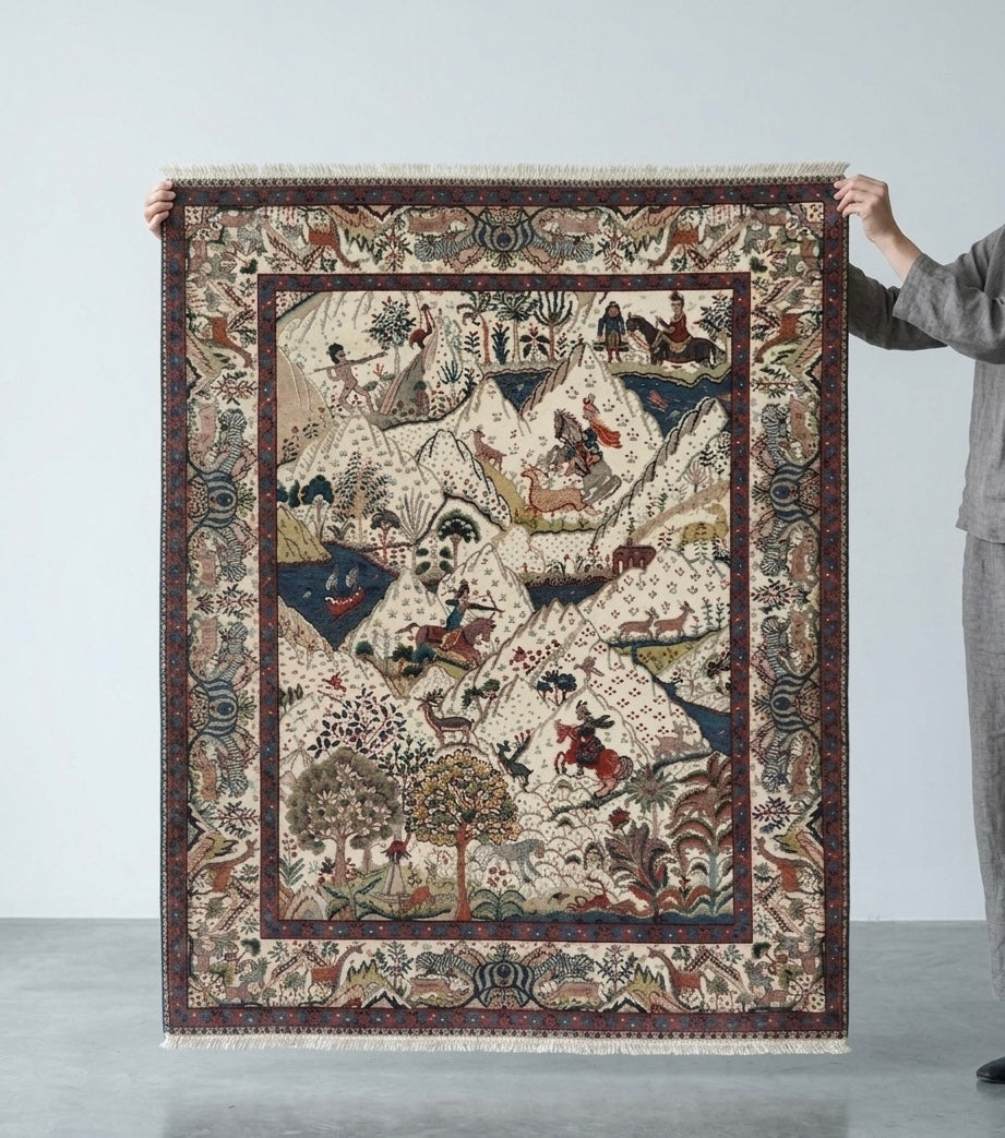 Ivory & Indigo Pictorial Persian Hunting Handknotted Rug