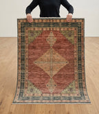 Hand-Knotted Diamond Motif Area Rug - Muted Terracotta and Slate Grey