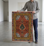Hand-Knotted Geometric Tribal Gabbeh Rug in Rust and Ochre