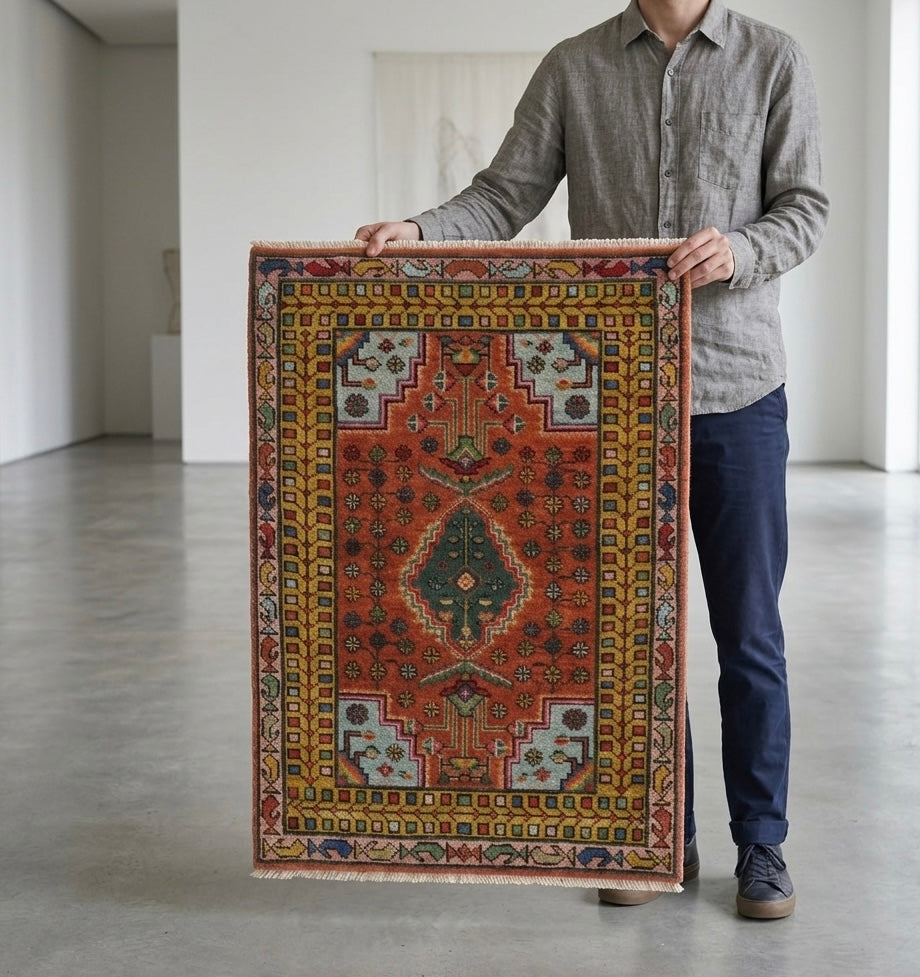 Hand-Knotted Geometric Tribal Gabbeh Rug in Rust and Ochre