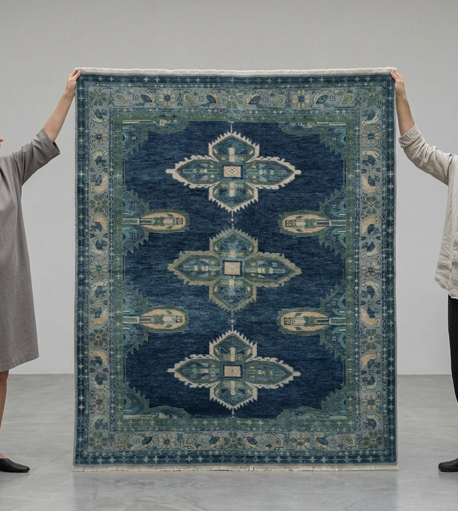 Artisanal Slate Blue Tribal Hand-Knotted Area Rug
