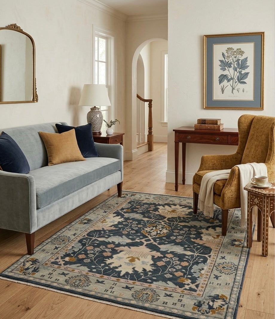 Vintage-Inspired Tribal Hand-Knotted Rug in Charcoal &  Sage blue
