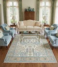 Elegant Symmetry Motif Hand-Knotted Rug – Ivory, Olive, and Sky Blue