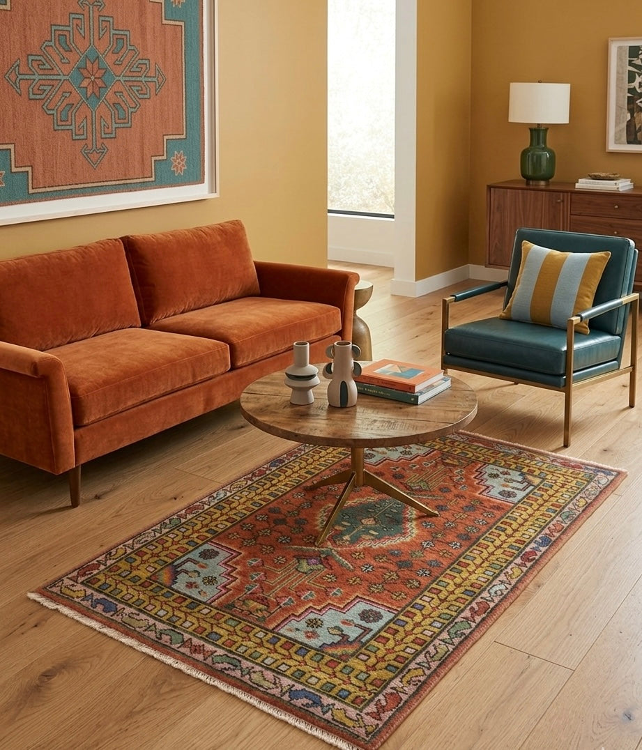 Hand-Knotted Geometric Tribal Gabbeh Rug in Rust and Ochre
