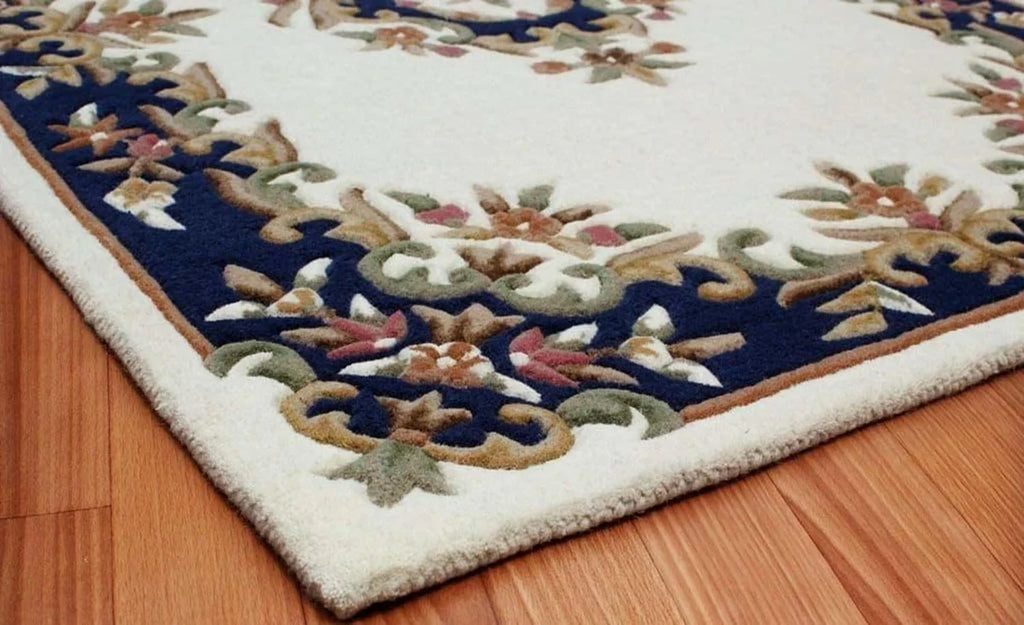 Premium Handtufted Botanical Border Rug with Navy Accent Medallion