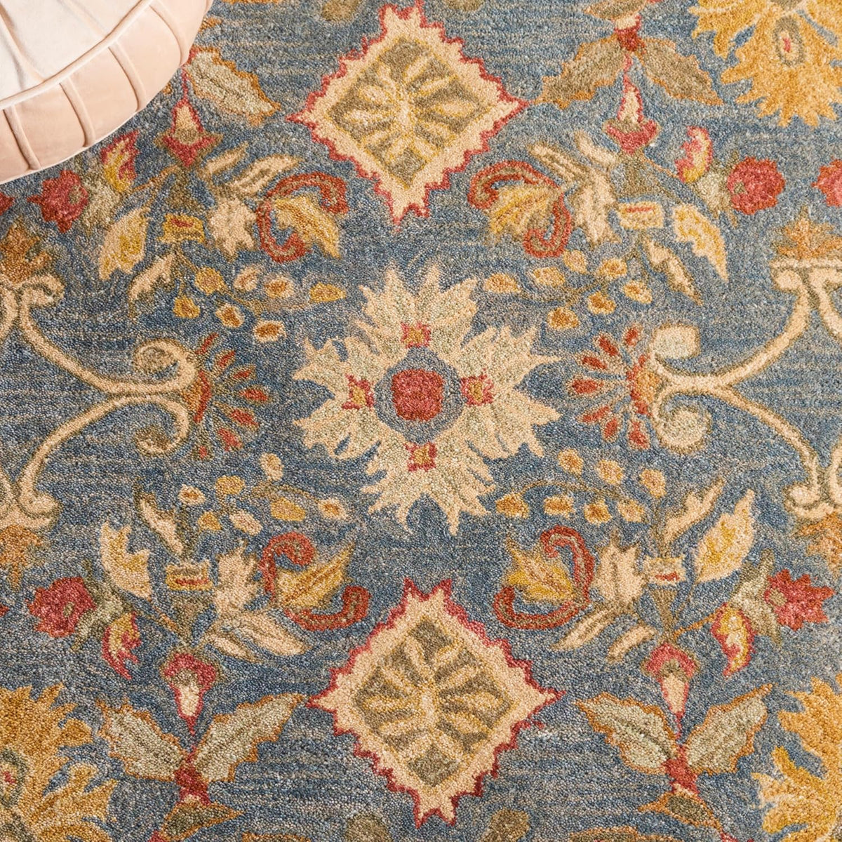 Hand-Tufted Traditional Floral Wool Rug - Slate Blue & Ochre Medallion Area Rug