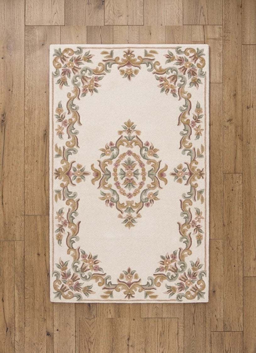 Hand-Tufted Premium Wool Rug - French Provencal Medallion Design in Cream & Sage