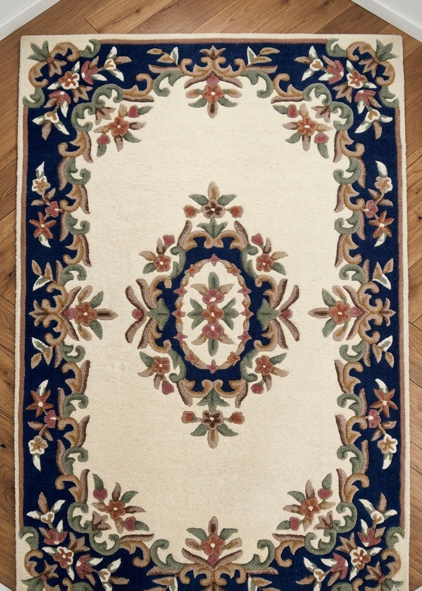 Premium Handtufted Botanical Border Rug with Navy Accent Medallion