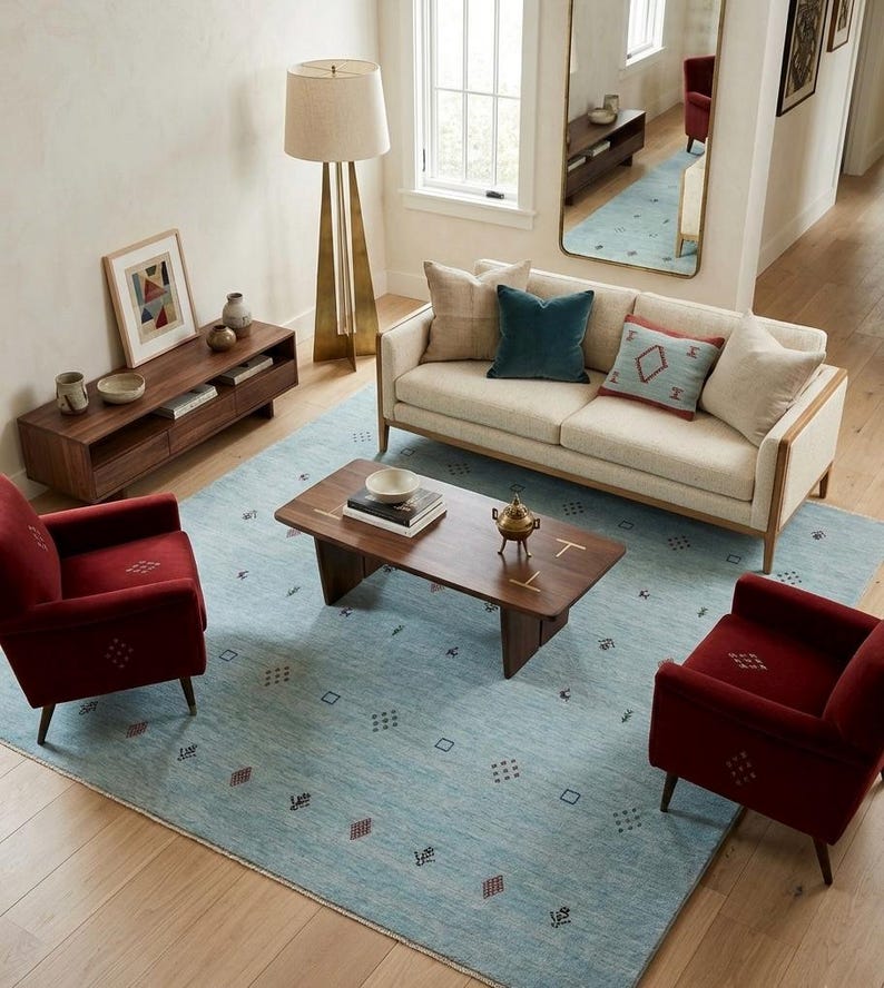 Artisanal Hand-Knotted Pale Azure Rug with Folk Symbols