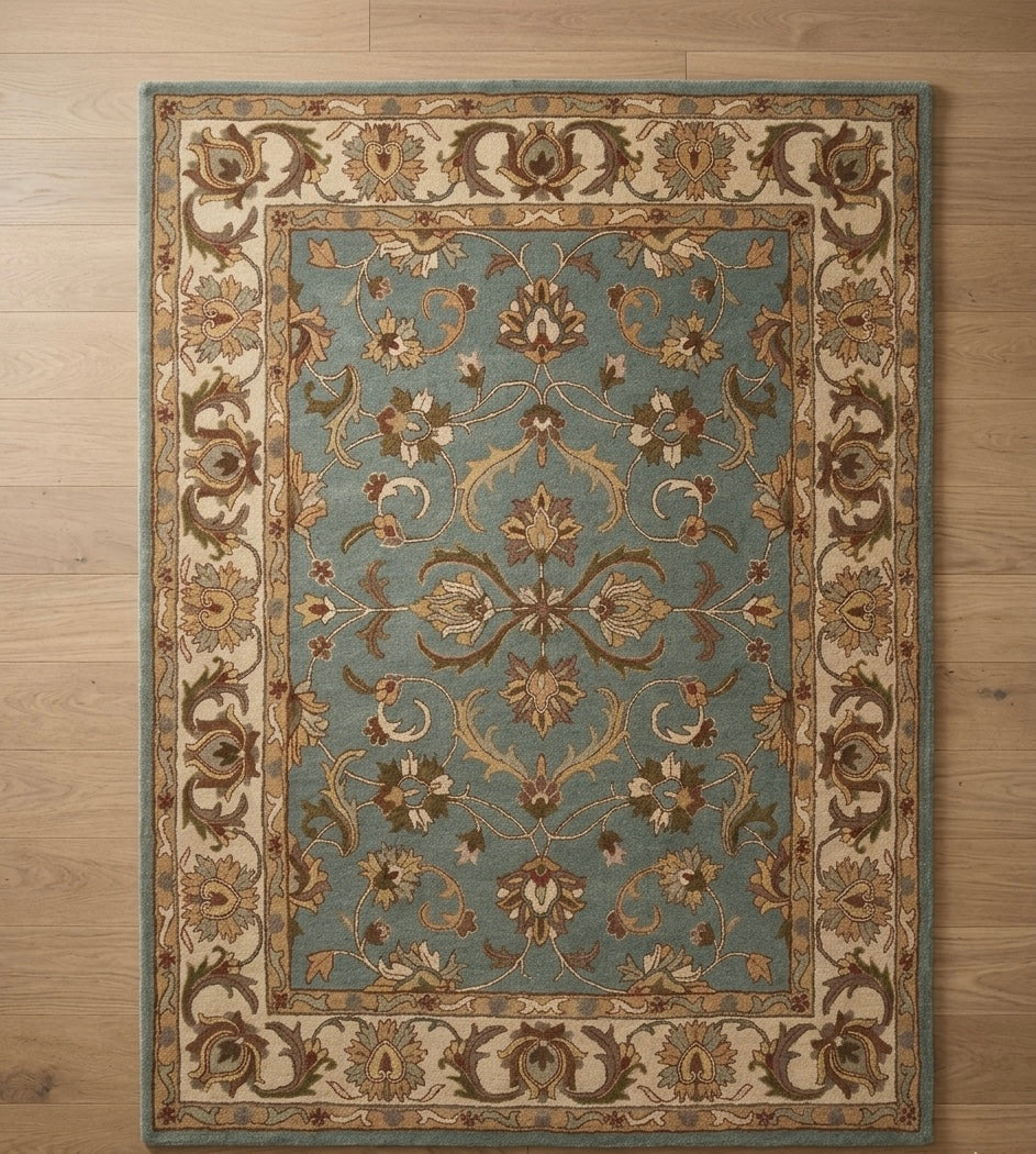 Hand-tufted Traditional Floral Wool Rug in Slate Blue and Ochre