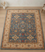 Hand-Tufted Traditional Floral Wool Rug - Slate Blue & Ochre Medallion Area Rug