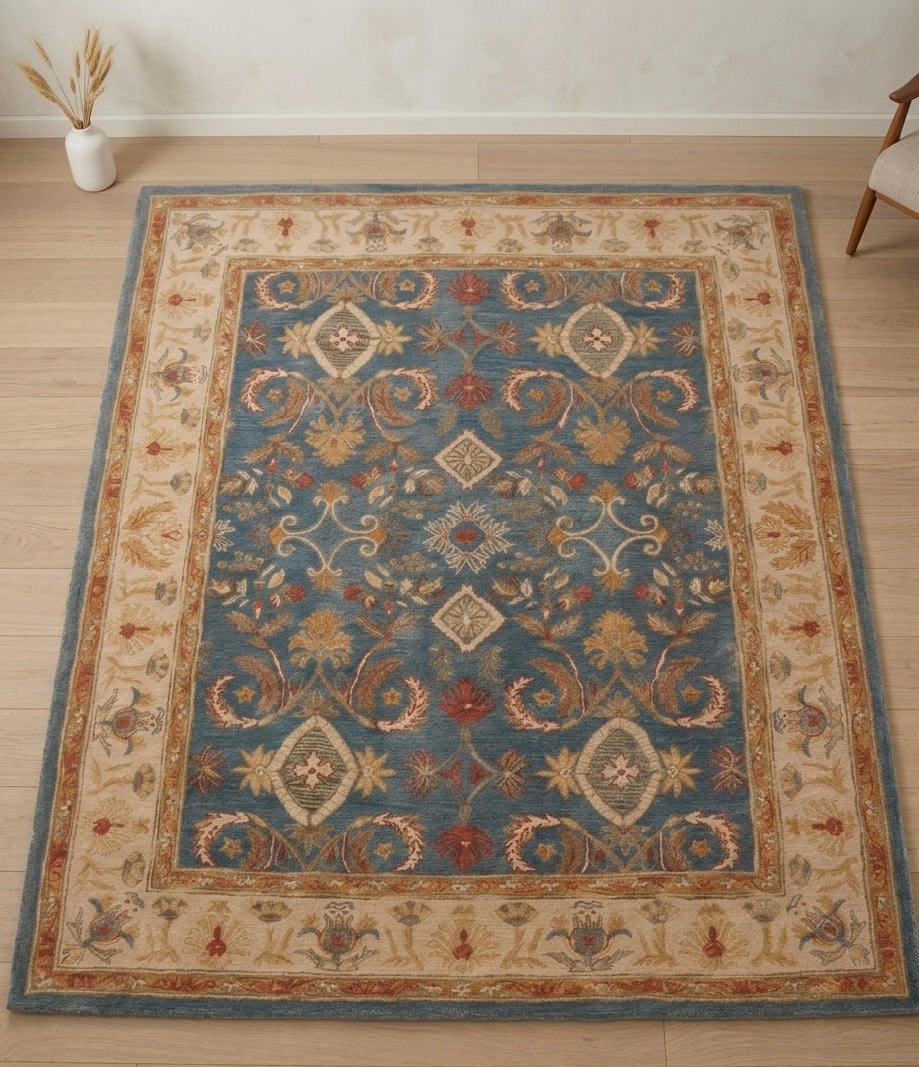 Hand-Tufted Traditional Floral Wool Rug - Slate Blue & Ochre Medallion Area Rug