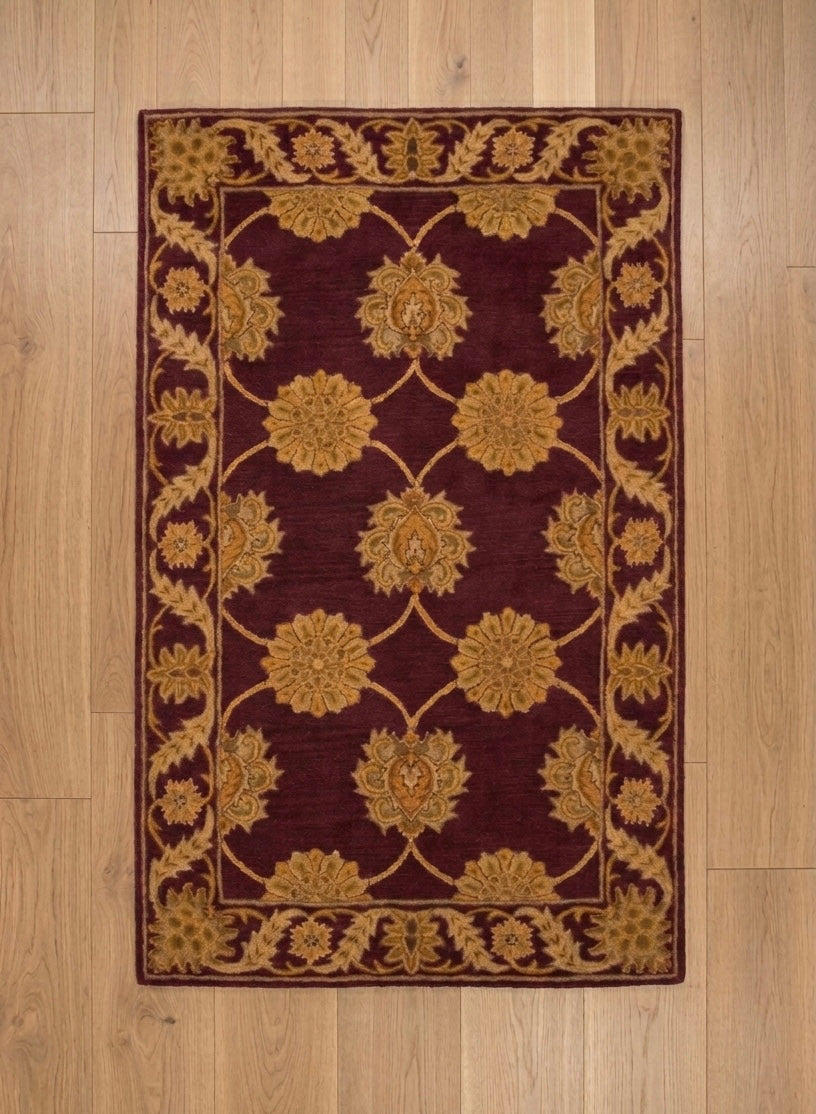 Traditional Burgundy and Gold Floral Hand-Tufted Wool Area Rug
