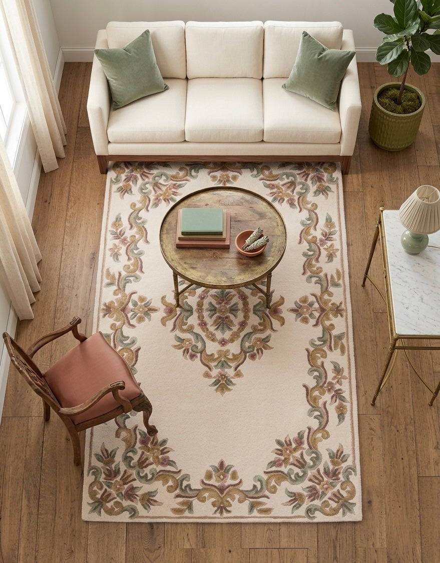 Hand-Tufted Premium Wool Rug - French Provencal Medallion Design in Cream & Sage