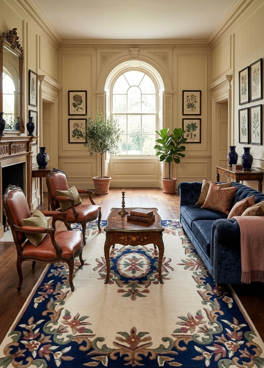 Premium Handtufted Botanical Border Rug with Navy Accent Medallion