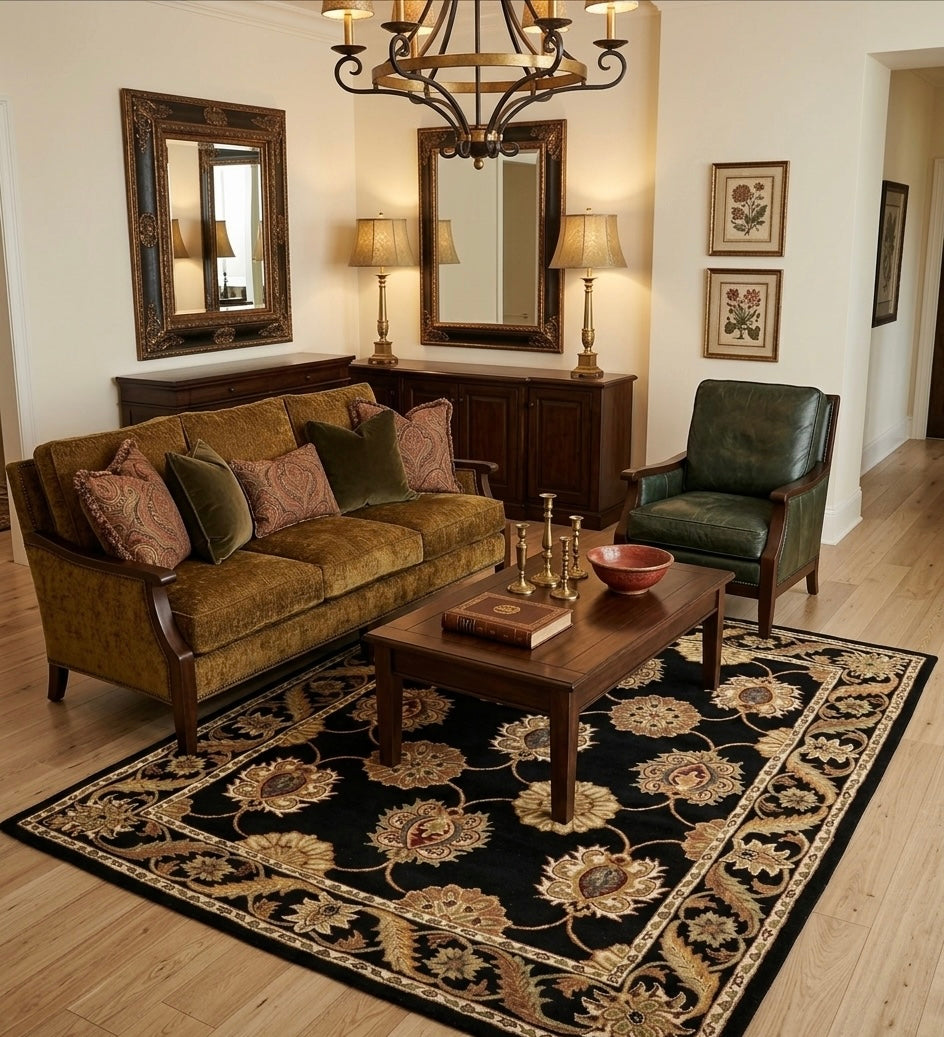 Handtufted Traditional Persian Floral Rug in Jet Black and Gold